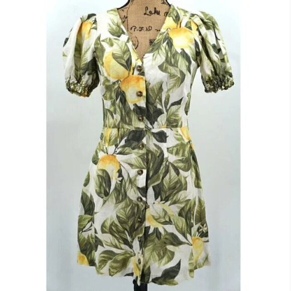 H&M Linen Blend Mini Dress S Lemon Leaf Print Cotton Blogger Fav Summer Vacation - Picture 4 of 14